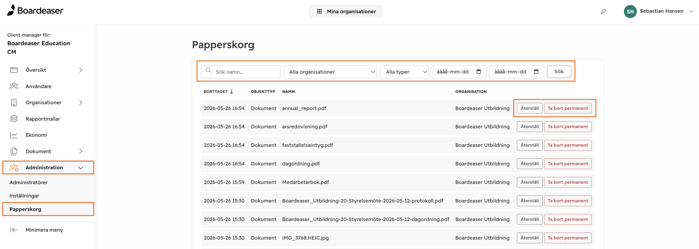 Papperskorgen i Client Manager