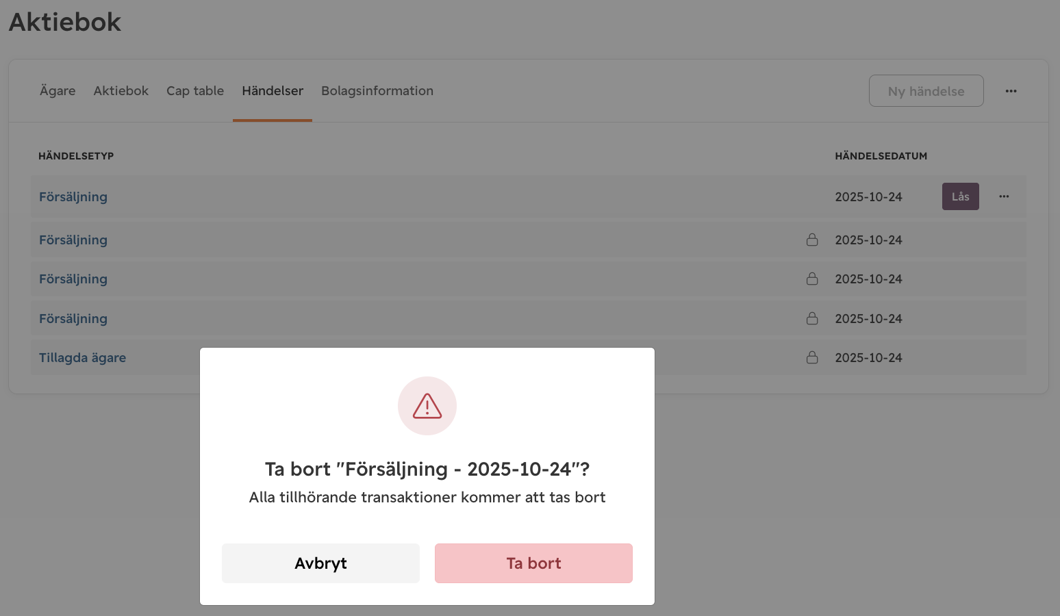 Bekräfta borttagning av händelse