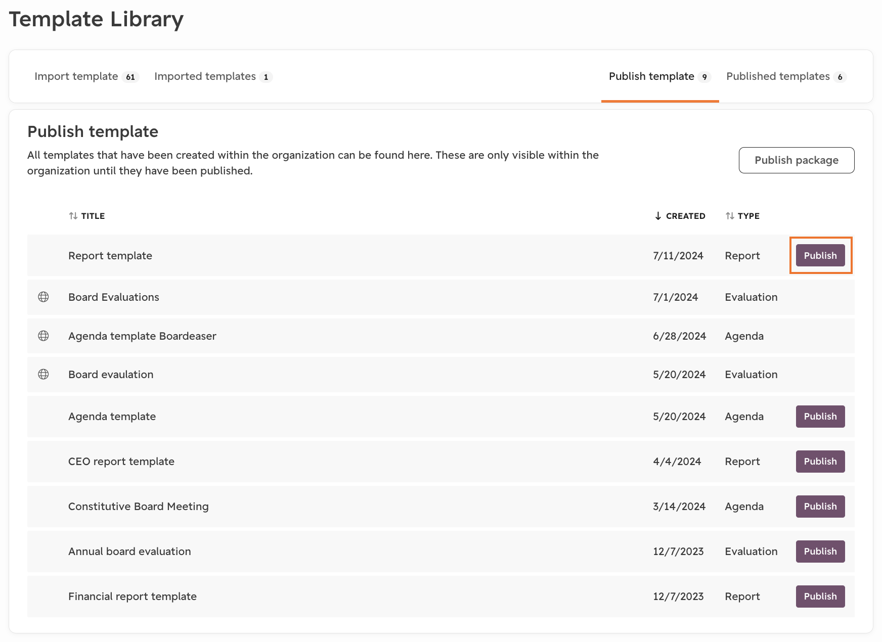Click Publish next to a template or Publish package